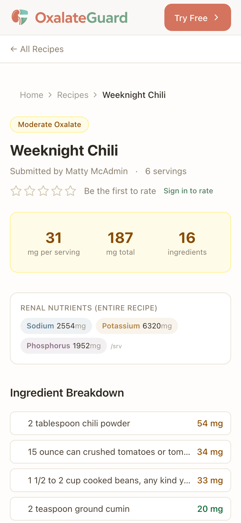 OxalateGuard — Recipe Analysis